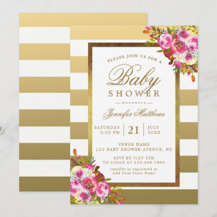 Invitation Baby shower Rose Floral Chic Gold White Stripes