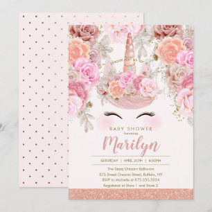 Invitation Baby shower rose floral de licorne de parties