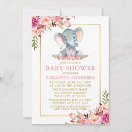 Invitation Baby shower rose Floral Eléphant Gold Frame