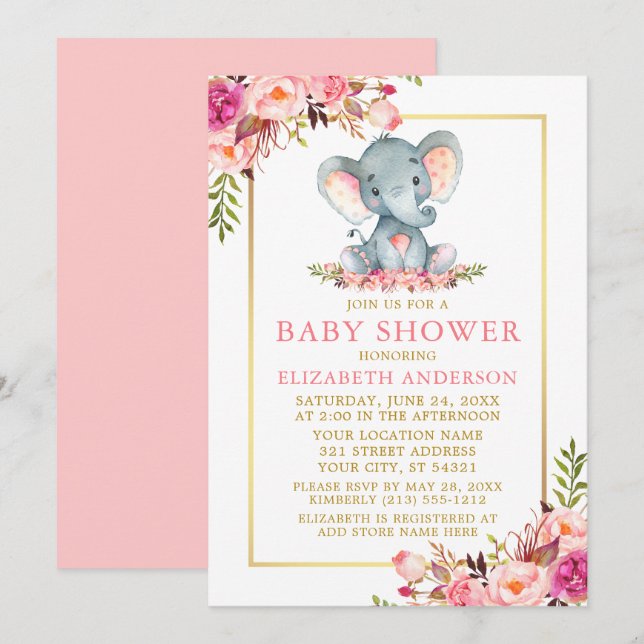 Invitation Baby shower rose Floral Eléphant Gold Frame (Devant / Derrière)