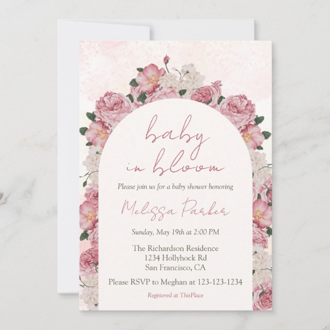 Invitation Baby shower rose floral fille bébé en fleur (Devant)