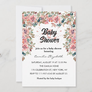 Invitation Baby shower rose Floral Joli Aquarelle Fleurs