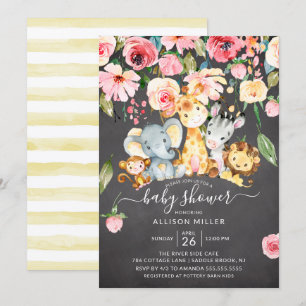 Invitation Baby shower rose floral neutre Safari Animaux