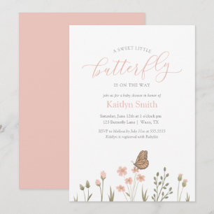 Invitation Baby shower rose floral papillon fille