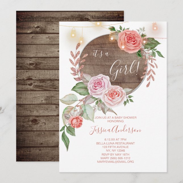 Invitation Baby shower rose Floral Rustique (Devant / Derrière)