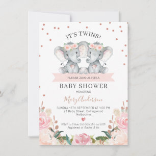 Invitation Baby shower rose Floral Twin Girls Elephants