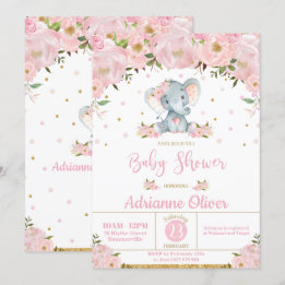 Invitation Baby shower rose floral Whimsical Elephant Girl