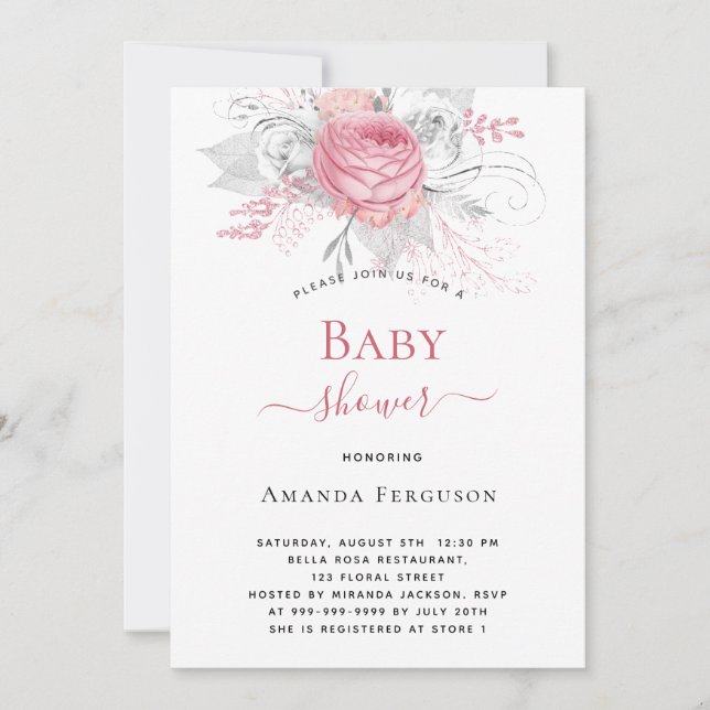Invitation Baby shower rose floraux élégant argent blanc fill (Devant)