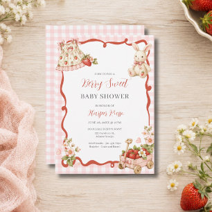 Invitation Baby Shower Rose Gingham Fraise