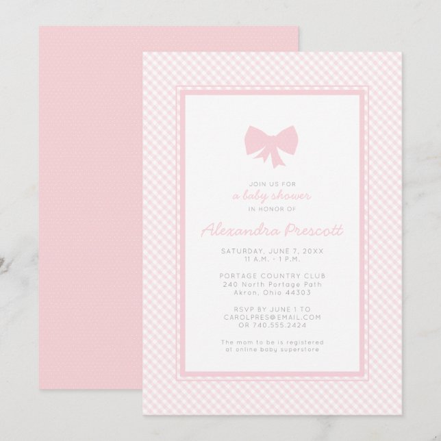 Invitation Baby shower rose gingham noeud (Devant / Derrière)