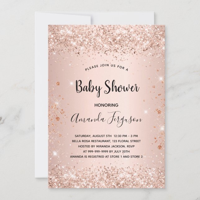 Invitation Baby Shower rose gold blush glitter girl (Devant)