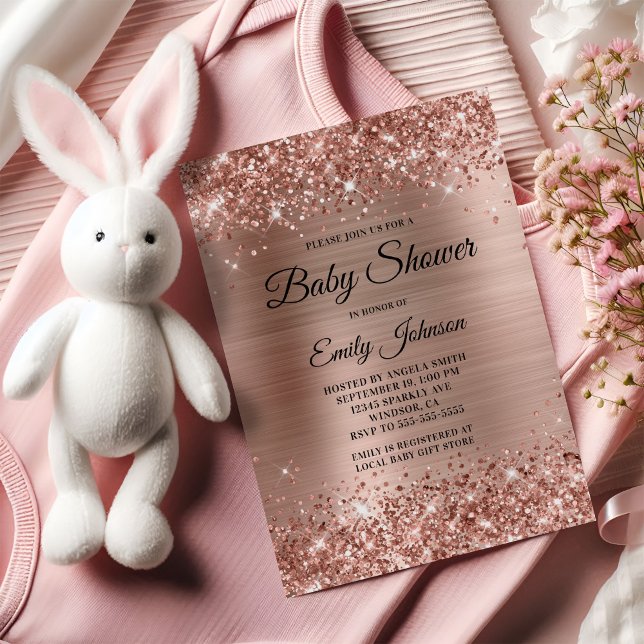 Invitation Baby shower Rose Gold Glittery Foil Fancy Script (Baby Shower Rose Gold Glittery Foil Fancy Script Invitation)