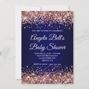 Invitation Baby-Shower Rose Gold Pailleté Bleu Nuit Ombré