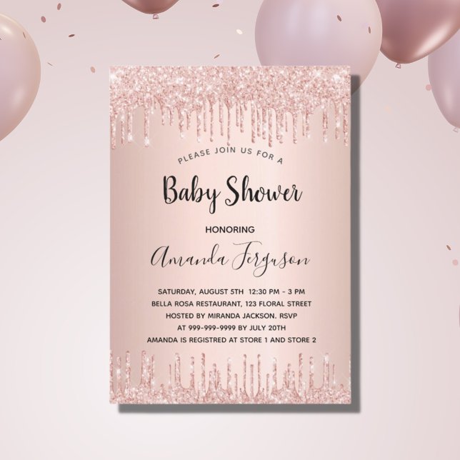 Invitation Baby Shower rose gold paillettes gouttes fille (Créateur téléchargé)