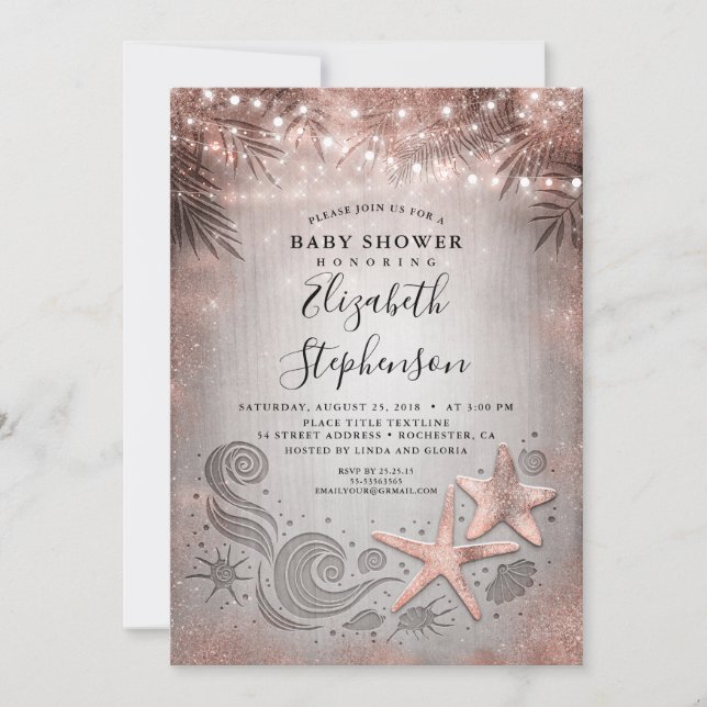 Invitation Baby shower rose Gold Starfish Beach Lights (Devant)