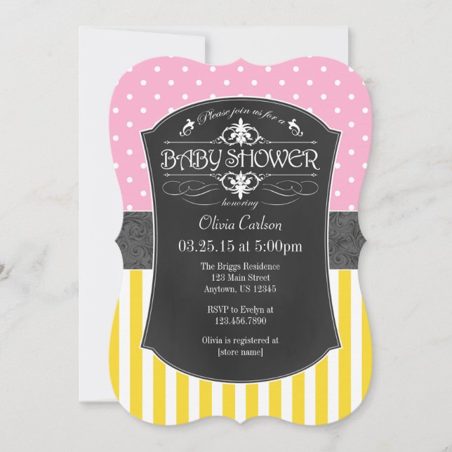 Invitation Baby shower rose gris-jaune (Devant)
