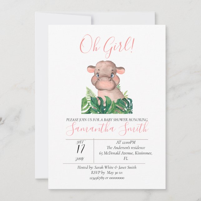 Invitation Baby shower rose Hippo Jungle Aquarelle (Devant)