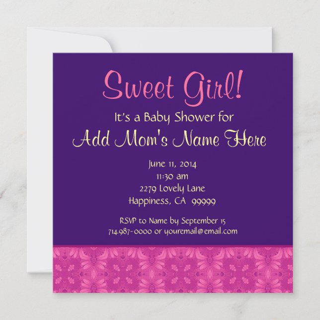 Invitation Baby shower rose jaune mauve douce fille M0915 (Devant)