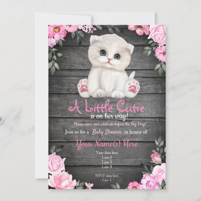 Invitation Baby shower rose Kitten, rustique (Devant)