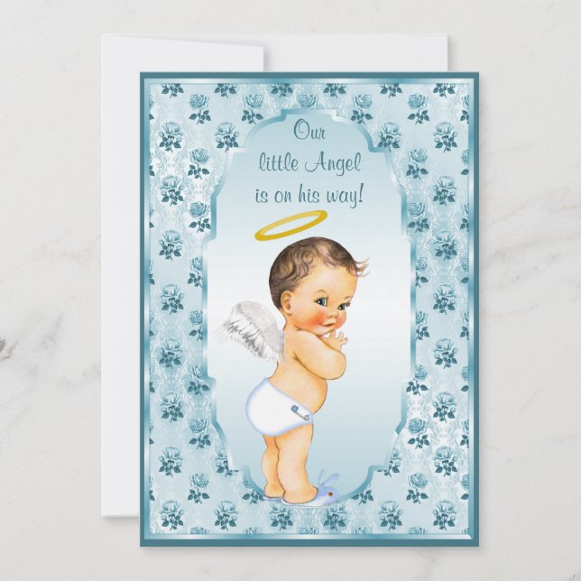 Invitation Baby shower Rose Little Boy Angel Blue (Devant)