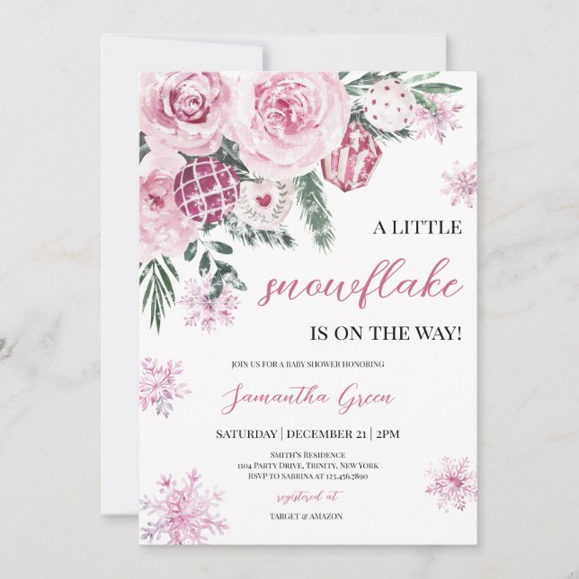 Invitation Baby shower rose Little Snowflake (Devant)