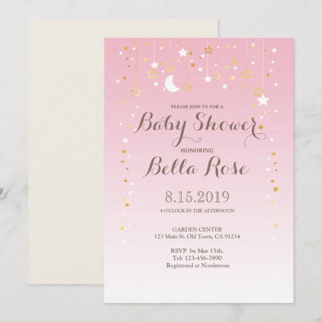 Invitation Baby shower rose Lune Star fille (Devant / Derrière)