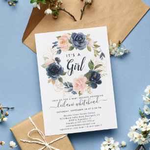 Invitation Baby shower Rose Marine Floral Wreath