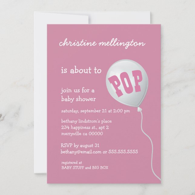 Invitation Baby shower rose mignon avec le ballon pour la (Devant)