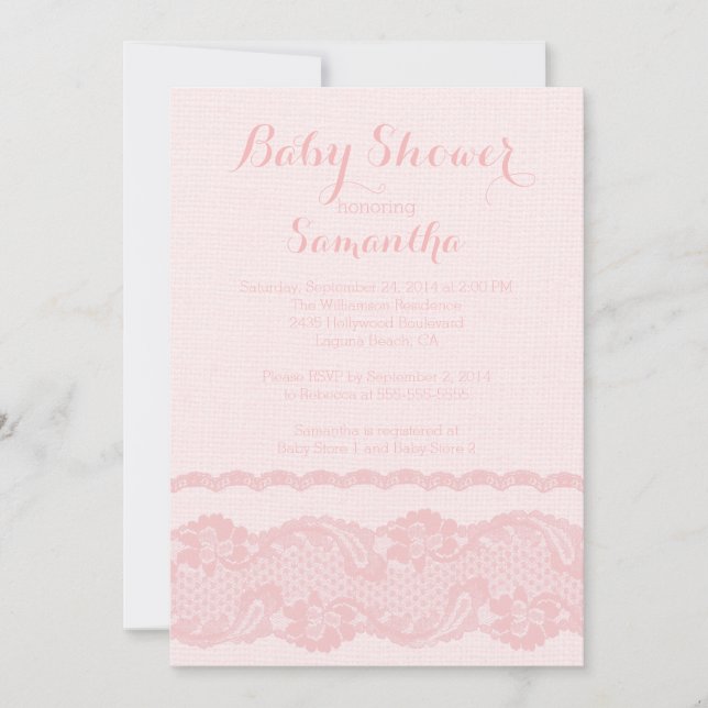 Invitation Baby shower rose moderne et dentelle (Devant)