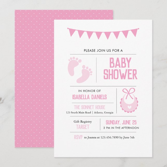Invitation Baby shower rose moderne fille (Devant / Derrière)