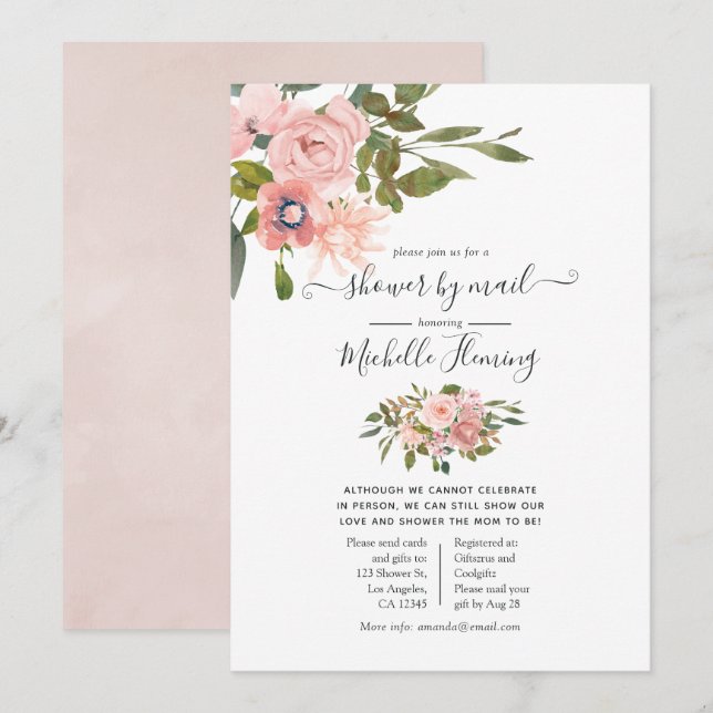 Invitation Baby shower rose or et flou floral par courrier (Devant / Derrière)