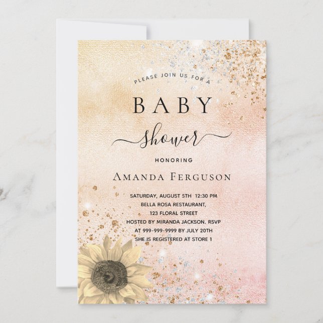 Invitation Baby shower rose or rustique tournesol parties sci (Devant)