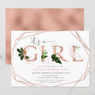 Invitation baby shower rose or verdure fille moderne 