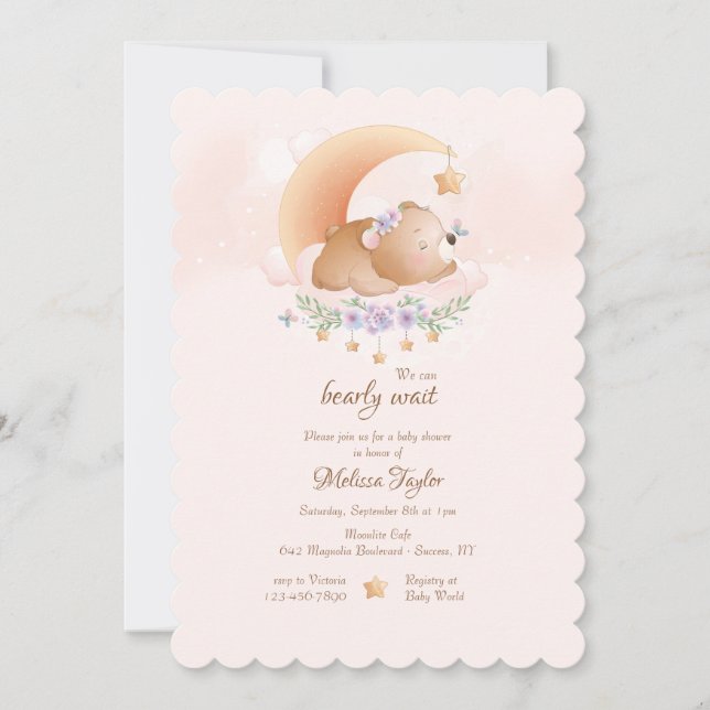 Invitation Baby shower rose ours bébé (Devant)