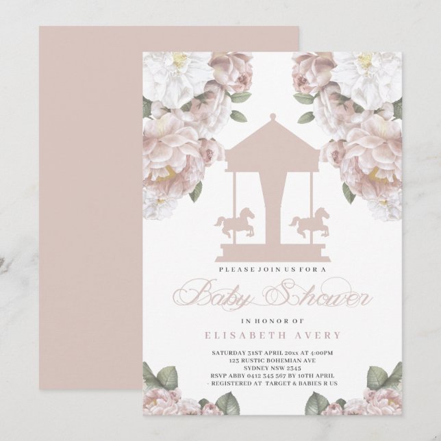Invitation Baby shower rose pâle du carrousel (Devant / Derrière)