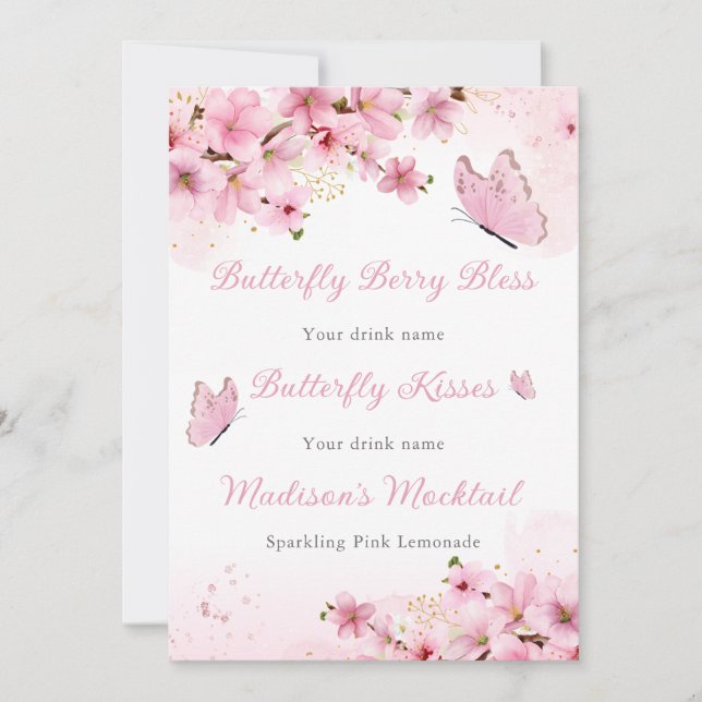 Invitation Baby shower rose papillon (Devant)
