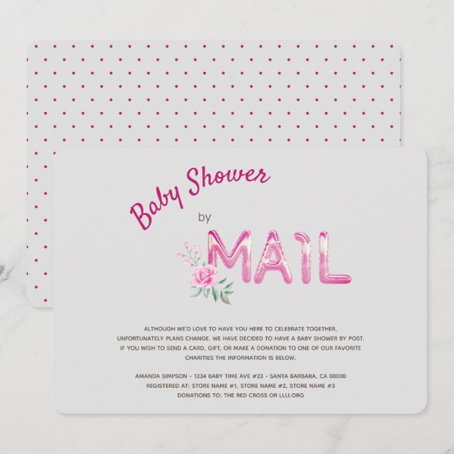 Invitation Baby shower rose par Mail pour filles (Devant / Derrière)