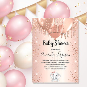 Invitation Baby shower rose parties scintillant d'or éléphant