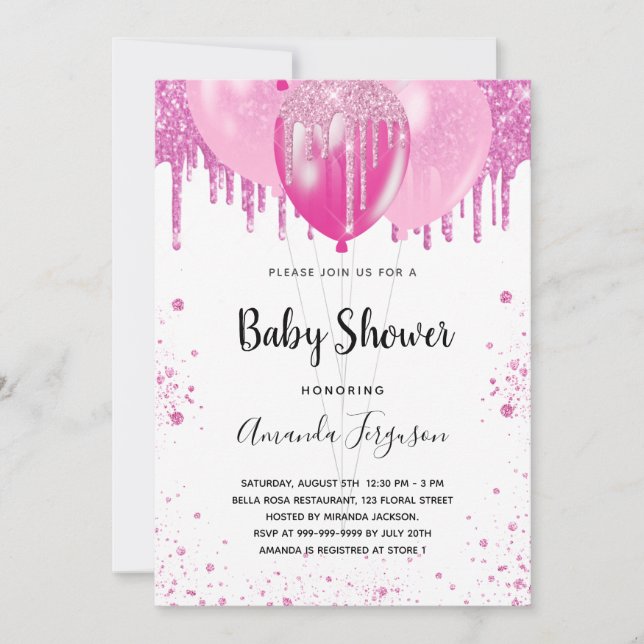 Invitation Baby shower rose parties scintillant fille ballons (Devant)