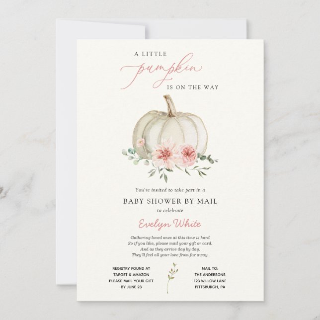 Invitation Baby shower rose petit Citrouille par courrier (Devant)