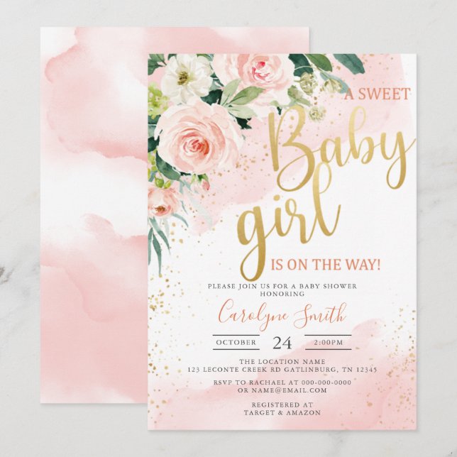 Invitation baby shower rose pour fille (Devant / Derrière)