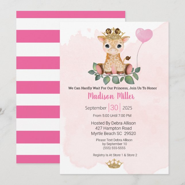 Invitation Baby shower rose Princesse Giraffe (Devant / Derrière)