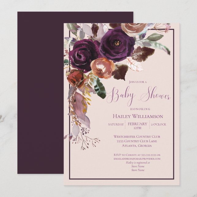 Invitation Baby shower rose, prune et or (Devant / Derrière)