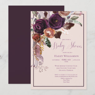 Invitation Baby shower rose, prune et or