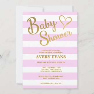 Invitation Baby shower rose rayure avec coeur en lettres d'or