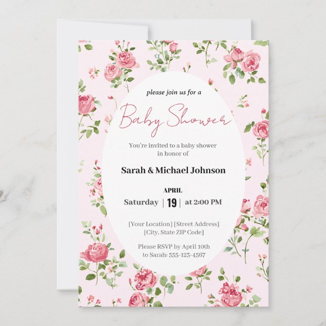 Invitation Baby shower Rose Rose (Devant)