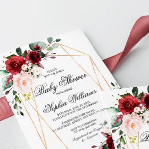 Invitation Baby shower Rose rose et bordeaux