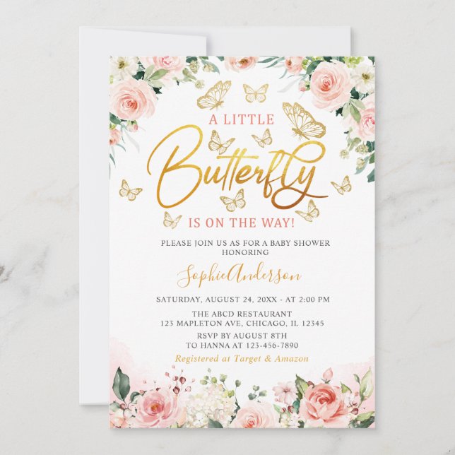 Invitation Baby shower rose Rose or Floral Papillon rose (Devant)