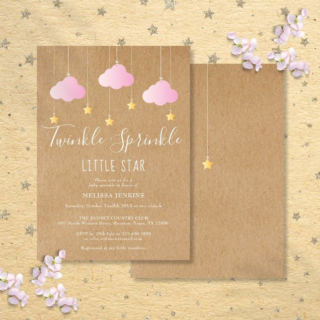 Invitation Baby shower rose rose rustique Kraft Twinkle (Twinkle Sprinkle Baby Shower Pink Rustic Kraft Invitation)