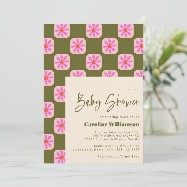 Invitation Baby shower rose rose vert Fleur en damier (Debout devant)